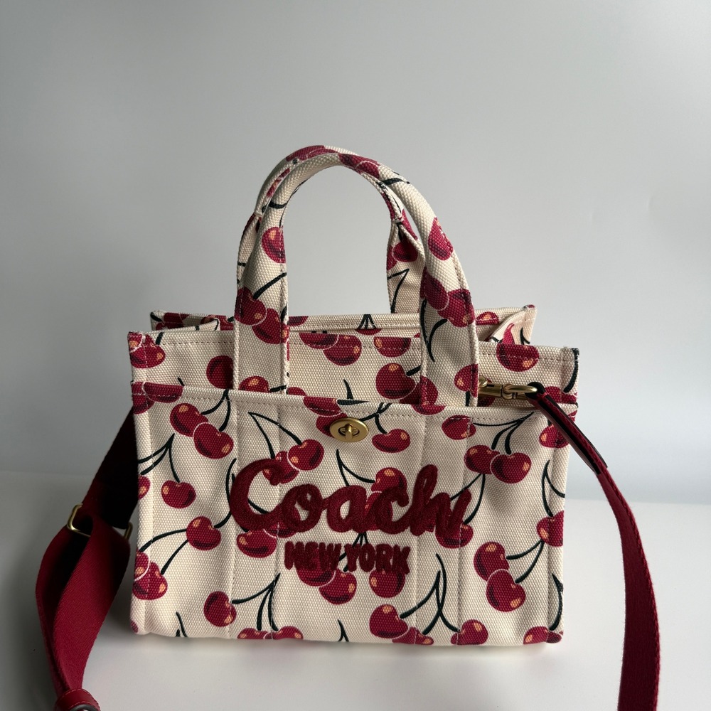 Coach Cargo Tote Bag 20 Chalk Multi Cherry Print Canvas CZ104